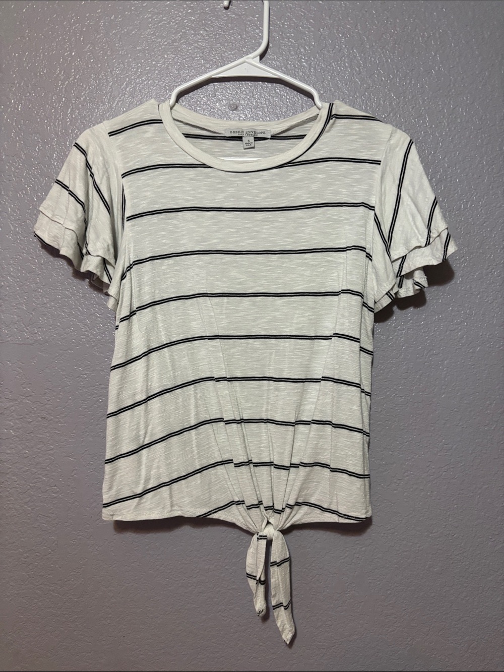 Green Envelope White Tee with Navy Stripes and Front Tie